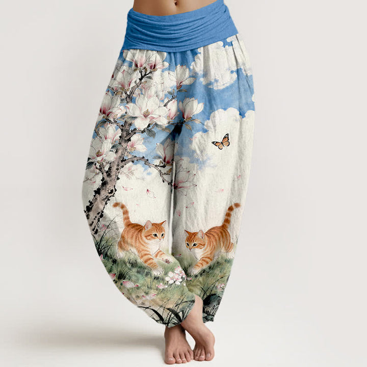Buddha Stones Pure Cotton Magnolia Orange Tabby Cats Pattern Women's Elastic Waist Harem Pants - CornflowerBlue - US16，UK/AU20，EU48 (3XL) - image 0