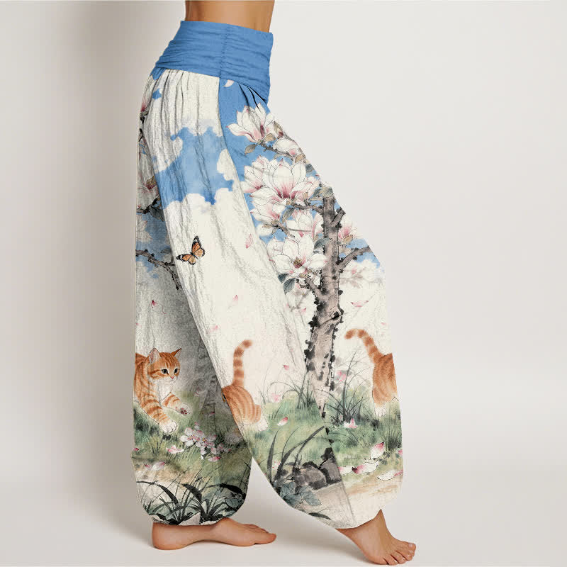 Buddha Stones Pure Cotton Magnolia Orange Tabby Cats Pattern Women's Elastic Waist Harem Pants - image 2