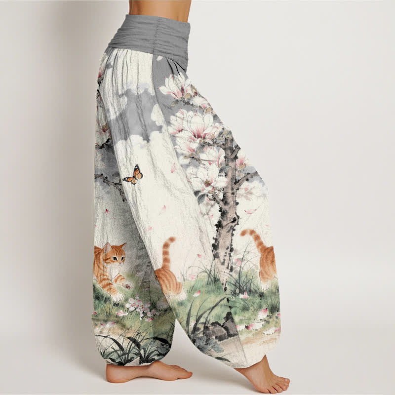 Buddha Stones Pure Cotton Magnolia Orange Tabby Cats Pattern Women's Elastic Waist Harem Pants - image 7