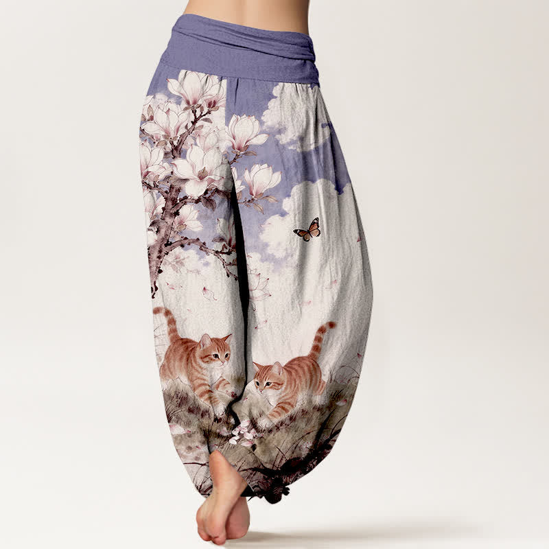 Buddha Stones Pure Cotton Magnolia Orange Tabby Cats Pattern Women's Elastic Waist Harem Pants - image 9