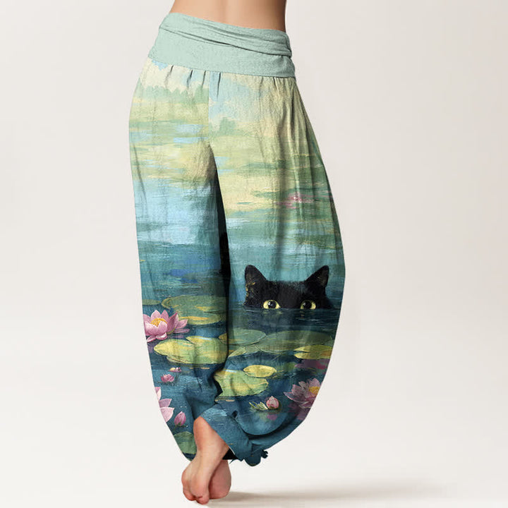 Buddha Stones Cotton Lotus Pond Cat Pattern Women's Elastic Waist Harem Pants - image 1