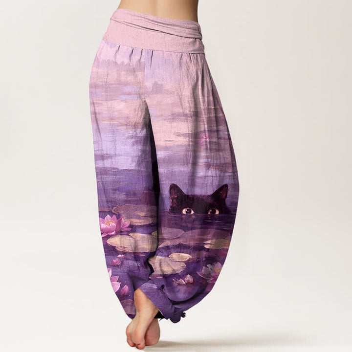 Buddha Stones Cotton Lotus Pond Cat Pattern Women's Elastic Waist Harem Pants - image 6