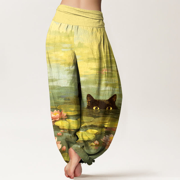 Buddha Stones Cotton Lotus Pond Cat Pattern Women's Elastic Waist Harem Pants - image 9
