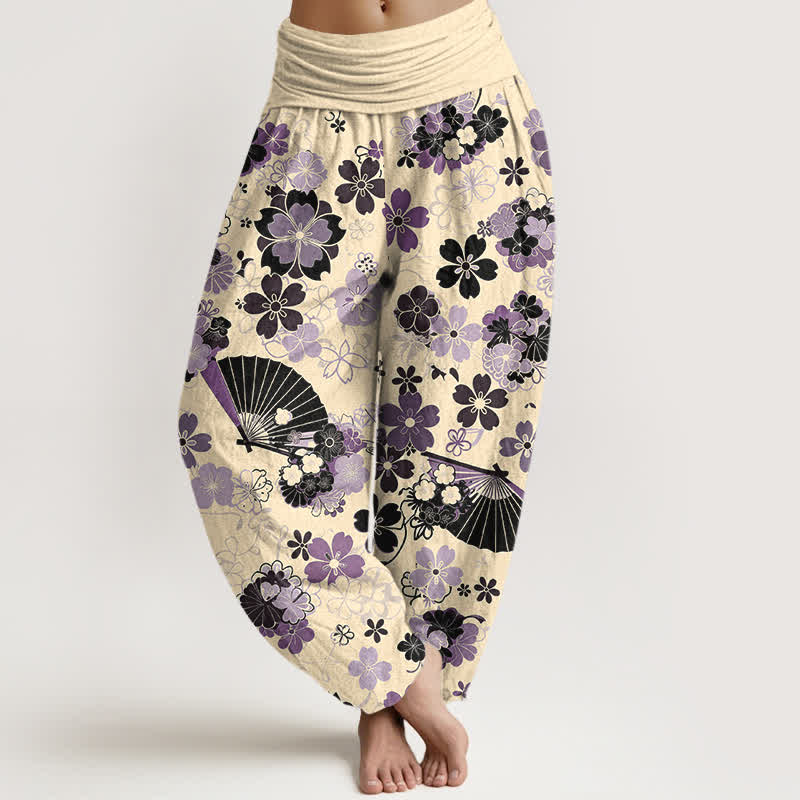 Buddha Stones Cotton Cherry Blossoms Floral Fan Pattern Women's Elastic Waist Harem Pants - Cornsilk - US16，UK/AU20，EU48 (3XL) - image 8
