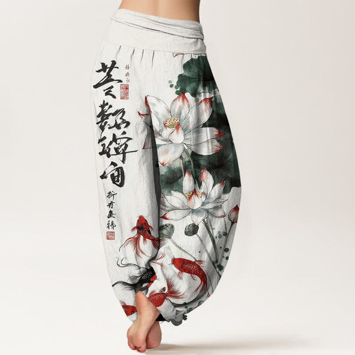 Buddha Stones Cotton Lotus Red Koi Fish Ink Calligraphy Pattern Women's Elastic Waist Harem Pants - image 1