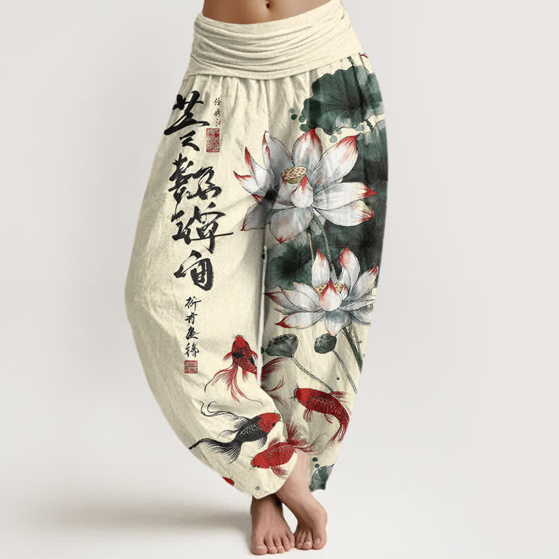 Buddha Stones Cotton Lotus Red Koi Fish Ink Calligraphy Pattern Women's Elastic Waist Harem Pants - Cornsilk - US16，UK/AU20，EU48 (3XL) - image 8