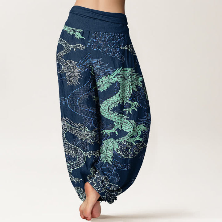 Buddha Stones Cotton Azure Dragon Pattern Women's Elastic Waist Harem Pants - image 9
