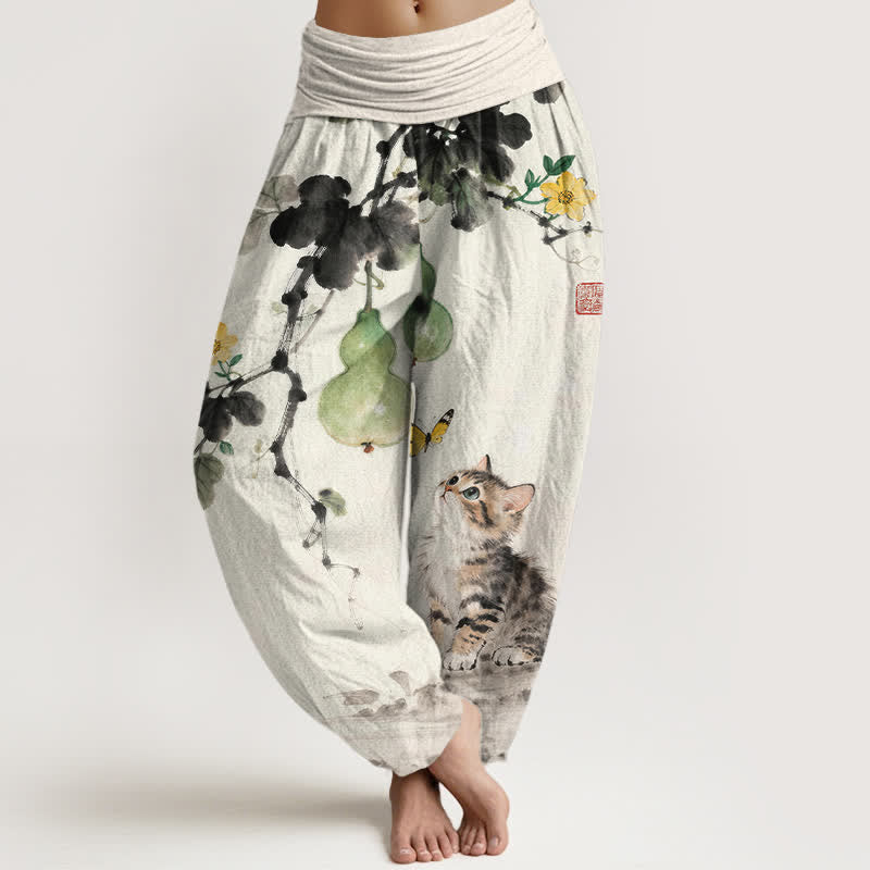 Buddha Stones Cotton Ink Cat Gourd Pattern Women's Elastic Waist Harem Pants - Ivory - US16，UK/AU20，EU48 (3XL) - image 0