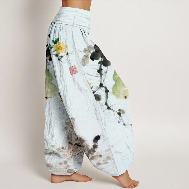 Buddha Stones Cotton Ink Cat Gourd Pattern Women's Elastic Waist Harem Pants - image 7