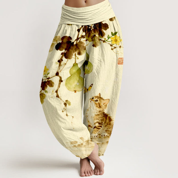 Buddha Stones Cotton Ink Cat Gourd Pattern Women's Elastic Waist Harem Pants - Cornsilk - US16，UK/AU20，EU48 (3XL) - image 8