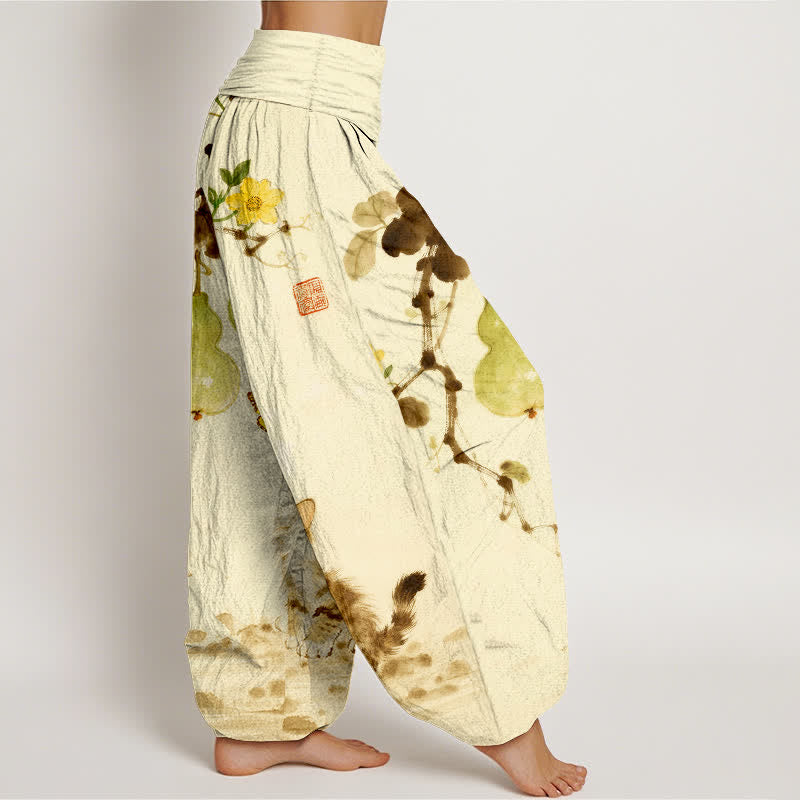 Buddha Stones Cotton Ink Cat Gourd Pattern Women's Elastic Waist Harem Pants - image 10
