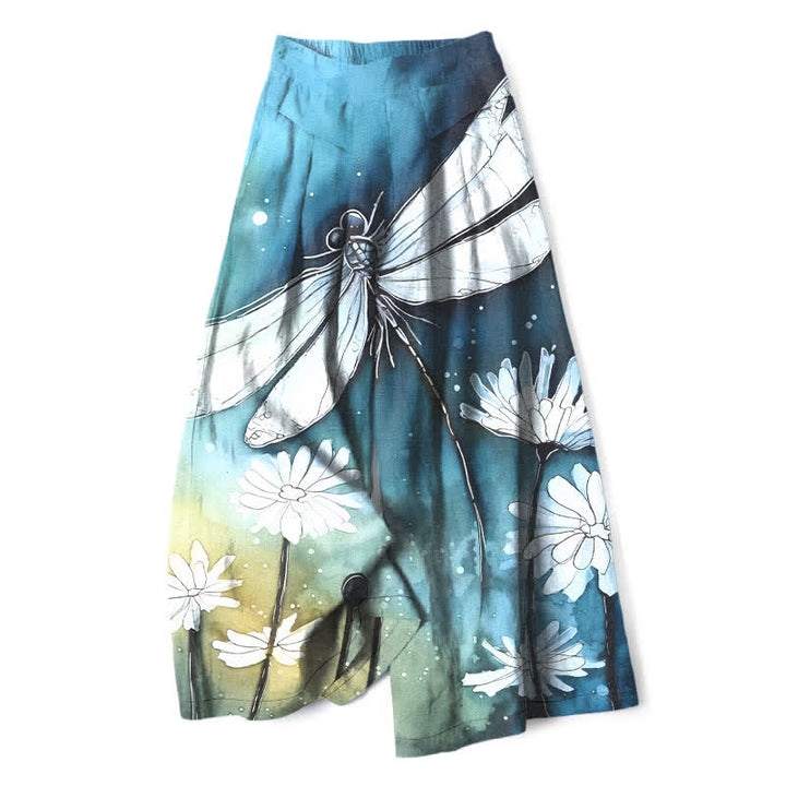 Buddha Stones Cotton Linen Dragonfly Daisy Pattern Women's Elastic Waist Wide Leg Pants With Pockets - LightSkyBlue - US16，UK/AU20，EU48 (3XL) - image 0