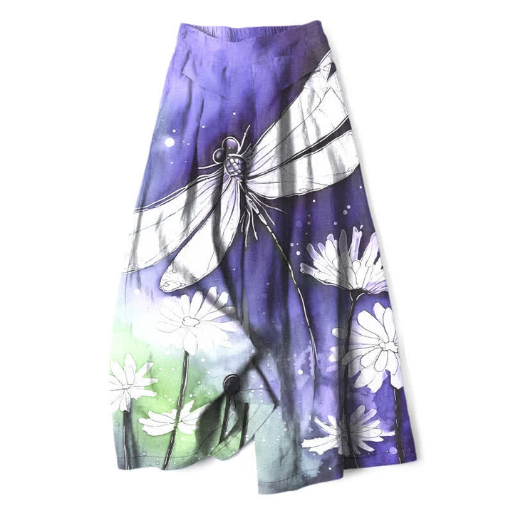 Buddha Stones Cotton Linen Dragonfly Daisy Pattern Women's Elastic Waist Wide Leg Pants With Pockets - MediumPurple - US16，UK/AU20，EU48 (3XL) - image 4