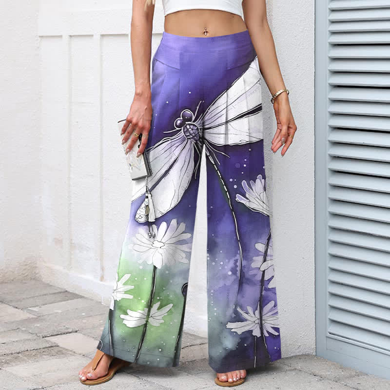 Buddha Stones Cotton Linen Dragonfly Daisy Pattern Women's Elastic Waist Wide Leg Pants With Pockets - image 5
