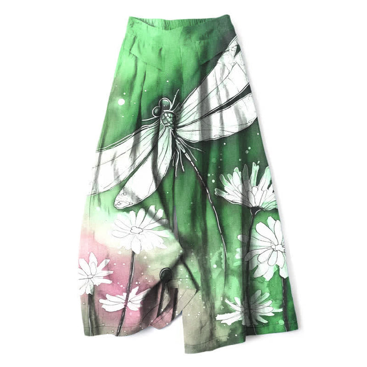Buddha Stones Cotton Linen Dragonfly Daisy Pattern Women's Elastic Waist Wide Leg Pants With Pockets - MediumSeaGreen - US16，UK/AU20，EU48 (3XL) - image 6