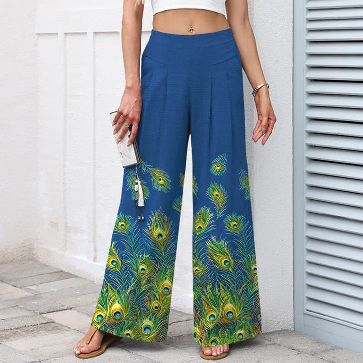 Buddha Stones Cotton Linen Peacock Feather Pattern Women's Elastic Waist Wide Leg Pants With Pockets - image 1