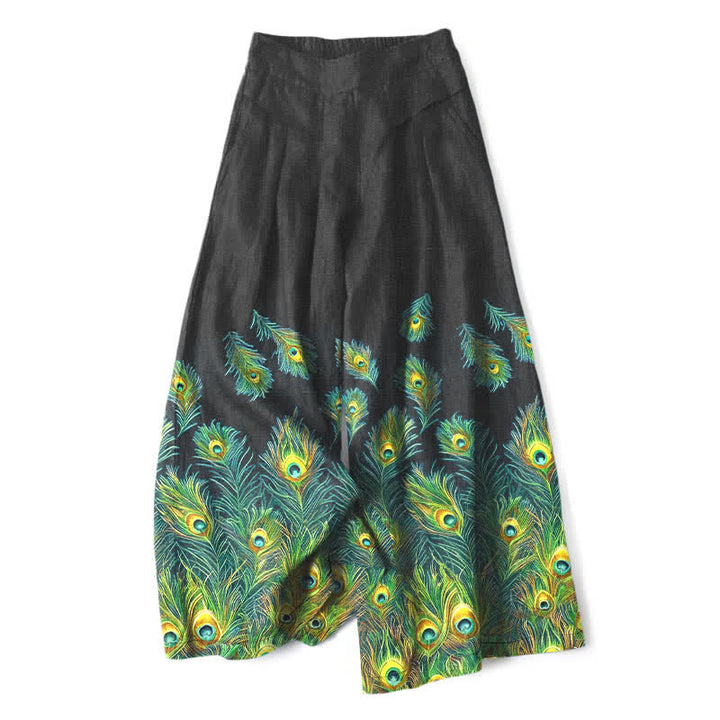 Buddha Stones Cotton Linen Peacock Feather Pattern Women's Elastic Waist Wide Leg Pants With Pockets - Black - US16，UK/AU20，EU48 (3XL) - image 6