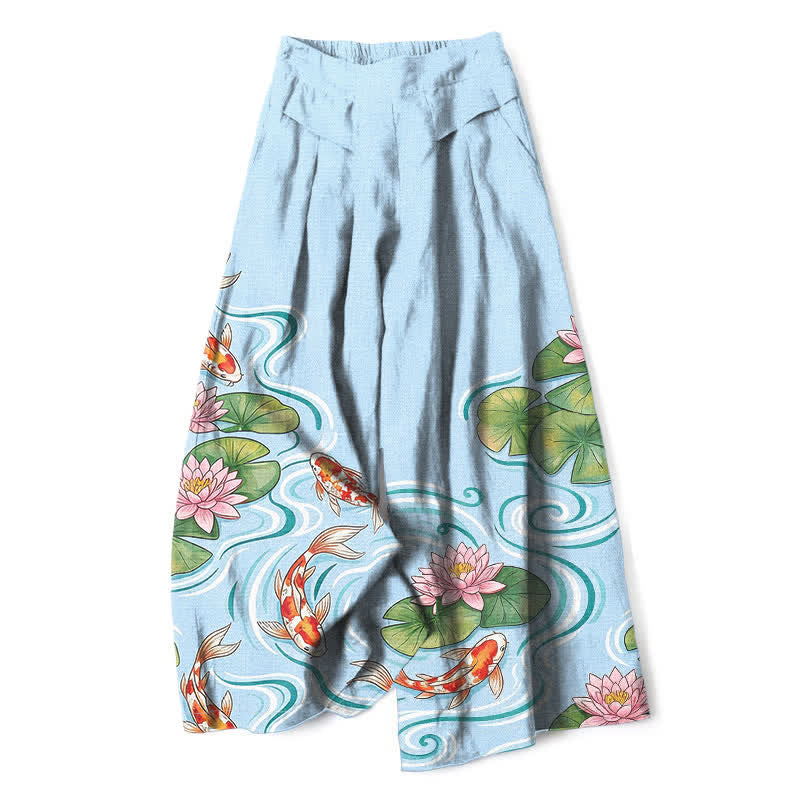 Buddha Stones Cotton Linen Koi Fish Pink Lotus Pond Pattern Women's Elastic Waist Wide Leg Pants With Pockets - LightBlue - US16，UK/AU20，EU48 (3XL) - image 0