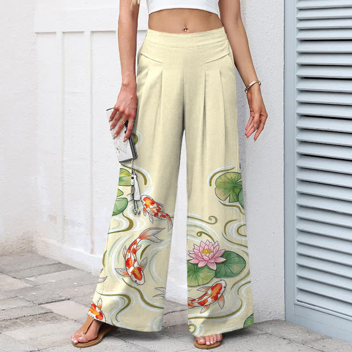 Buddha Stones Cotton Linen Koi Fish Pink Lotus Pond Pattern Women's Elastic Waist Wide Leg Pants With Pockets - image 7