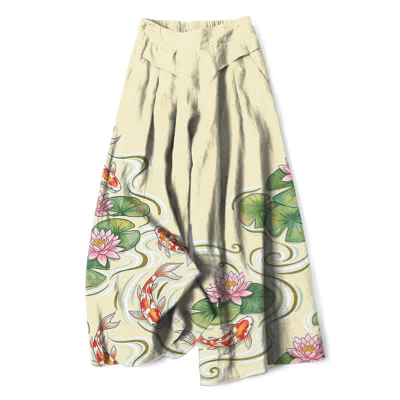Buddha Stones Cotton Linen Koi Fish Pink Lotus Pond Pattern Women's Elastic Waist Wide Leg Pants With Pockets - Cornsilk - US16，UK/AU20，EU48 (3XL) - image 6