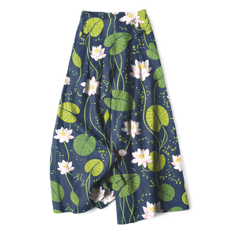 Buddha Stones Cotton Linen Lotus Green Leaf Pattern Women's Elastic Waist Wide Leg Pants With Pockets - Navy - US16，UK/AU20，EU48 (3XL) - image 0