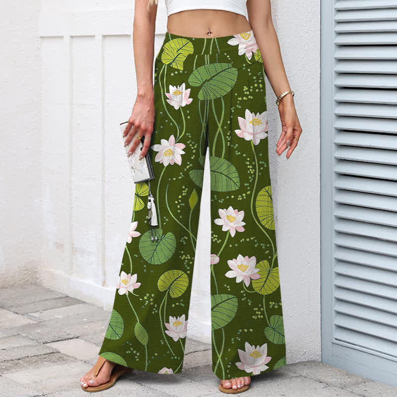 Buddha Stones Cotton Linen Lotus Green Leaf Pattern Women's Elastic Waist Wide Leg Pants With Pockets - image 7