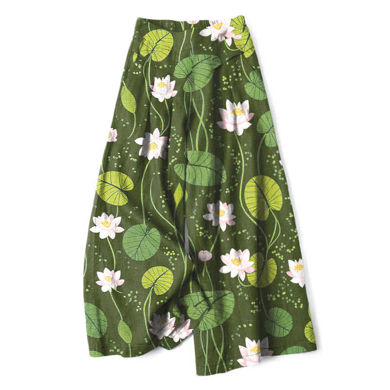 Buddha Stones Cotton Linen Lotus Green Leaf Pattern Women's Elastic Waist Wide Leg Pants With Pockets - OliveDrab - US16，UK/AU20，EU48 (3XL) - image 6