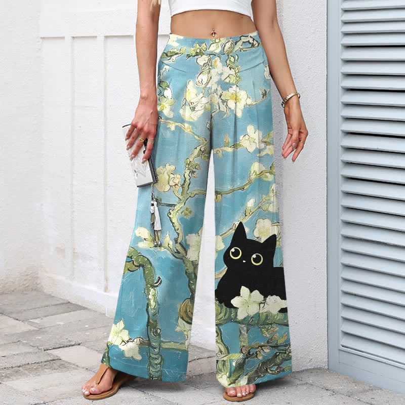 Buddha Stones Cotton Linen Blue Floral Cat Pattern Women's Elastic Waist Wide Leg Pants With Pockets - image 1