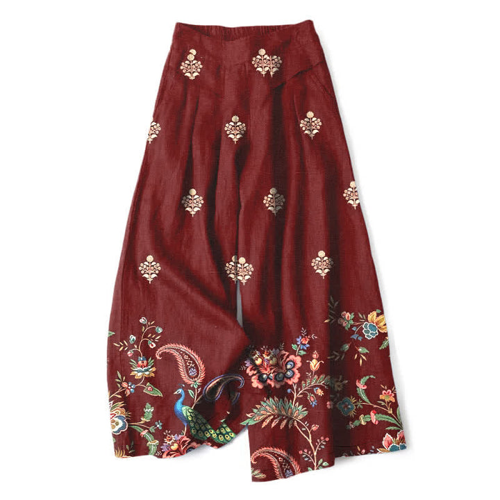Buddha Stones Cotton Linen Bohemian Floral Paisley Pattern Women's Elastic Waist Wide Leg Pants With Pockets - Maroon - US16，UK/AU20，EU48 (3XL) - image 4