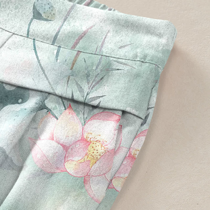 Buddha Stones Cotton Linen Watercolor Lotus Leaves Floral Pattern Women's Elastic Waist Wide Leg Pants With Pockets - image 2
