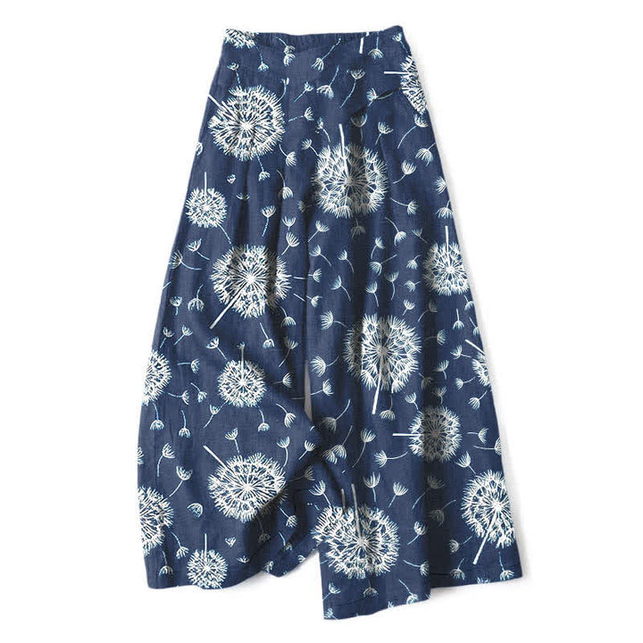 Buddha Stones Cotton Linen White Dandelion Pattern Women's Elastic Waist Wide Leg Pants With Pockets - Navy - US16，UK/AU20，EU48 (3XL) - image 0