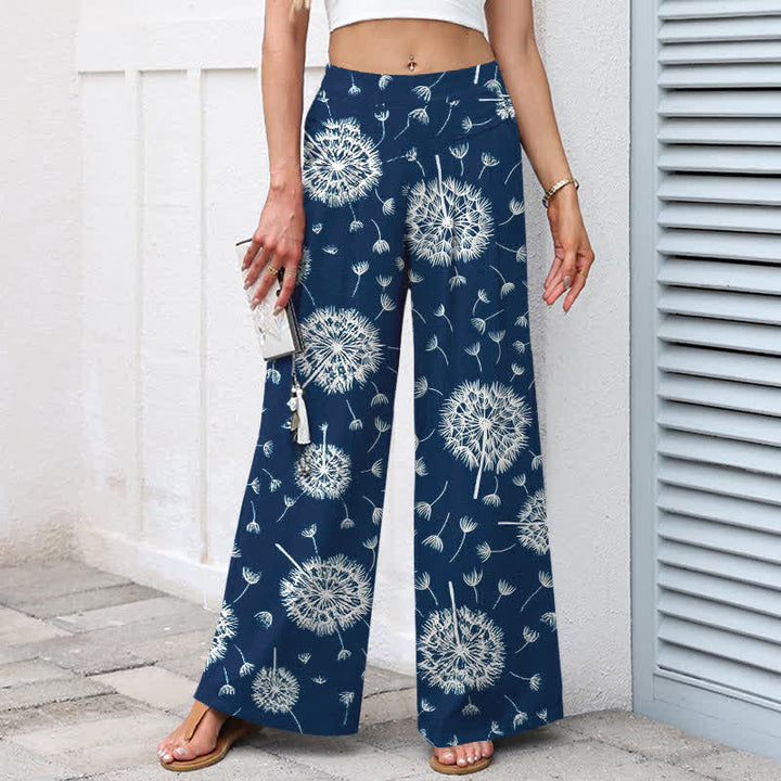 Buddha Stones Cotton Linen White Dandelion Pattern Women's Elastic Waist Wide Leg Pants With Pockets - image 1