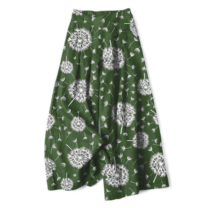 Buddha Stones Cotton Linen White Dandelion Pattern Women's Elastic Waist Wide Leg Pants With Pockets - ForestGreen - US16，UK/AU20，EU48 (3XL) - image 4