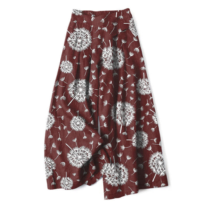 Buddha Stones Cotton Linen White Dandelion Pattern Women's Elastic Waist Wide Leg Pants With Pockets - Maroon - US16，UK/AU20，EU48 (3XL) - image 6