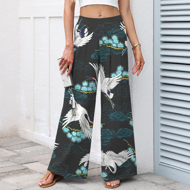 Buddha Stones Cotton Linen White Crane Auspicious Clouds Pine Pattern Women's Elastic Waist Wide Leg Pants With Pockets - image 1