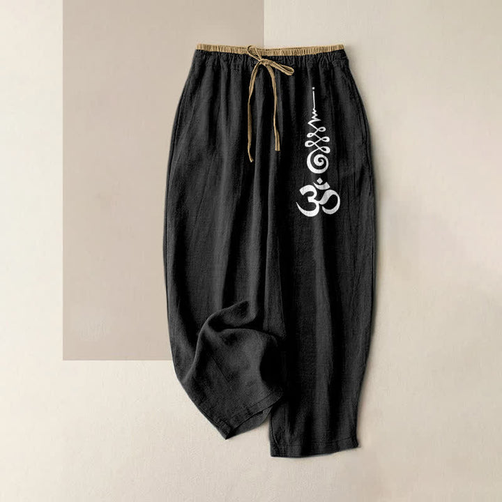 Buddha Stones Pure Cotton Om Symbol Pattern Women's Elastic Waist Pants With Pockets - Black - US16，UK/AU20，EU48 (3XL) - image 0