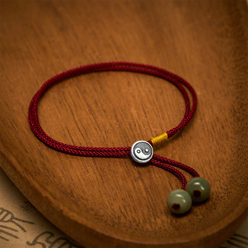 Buddha Stones 925 Sterling Silver Handmade Round Yin Yang Protection Vintage Braided Red String Bracelet - image 2