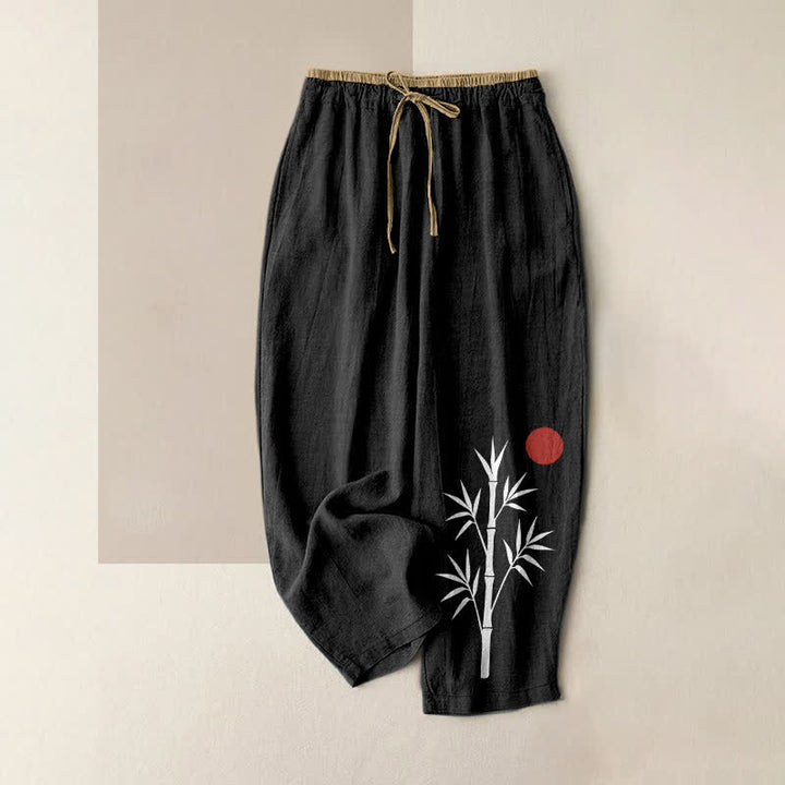 Buddha Stones Cotton Zen Bamboo Pattern Women's Elastic Waist Pants With Pockets - Black - US16，UK/AU20，EU48 (3XL) - image 0