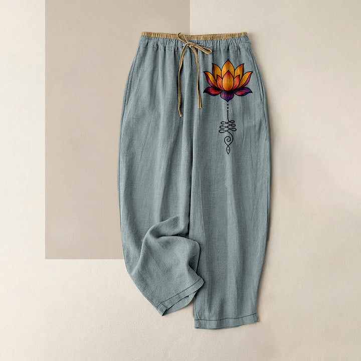 Buddha Stones Pure Cotton Orange Lotus Pattern Women's Elastic Waist Pants With Pockets - CadetBlue - US16，UK/AU20，EU48 (3XL) - image 8