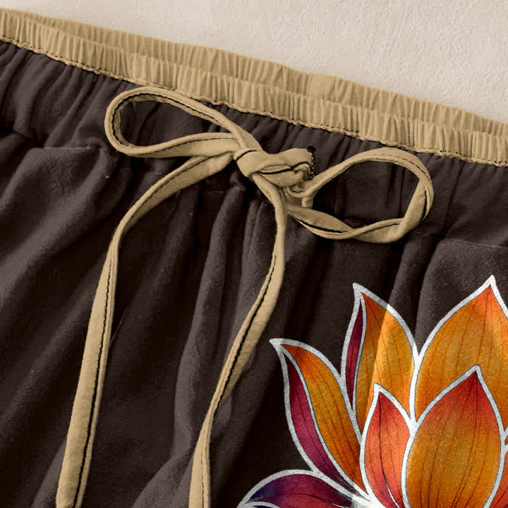 Buddha Stones Pure Cotton Orange Lotus Pattern Women's Elastic Waist Pants With Pockets - image 5