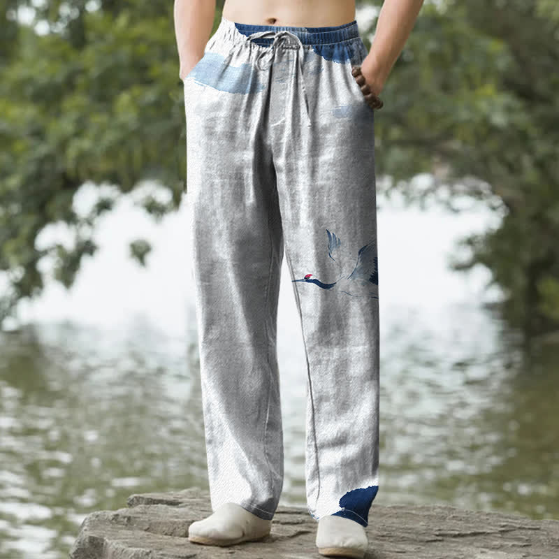 Buddha Stones Cotton Red-crowned Crane Pattern Men's Tapered Pants With Pockets - LightBlue - US/UK/AU50，EU60 (5XL) - image 0