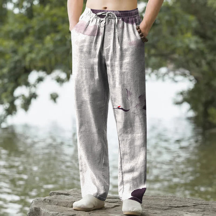 Buddha Stones Cotton Red-crowned Crane Pattern Men's Tapered Pants With Pockets - Sienna - US/UK/AU50，EU60 (5XL) - image 4