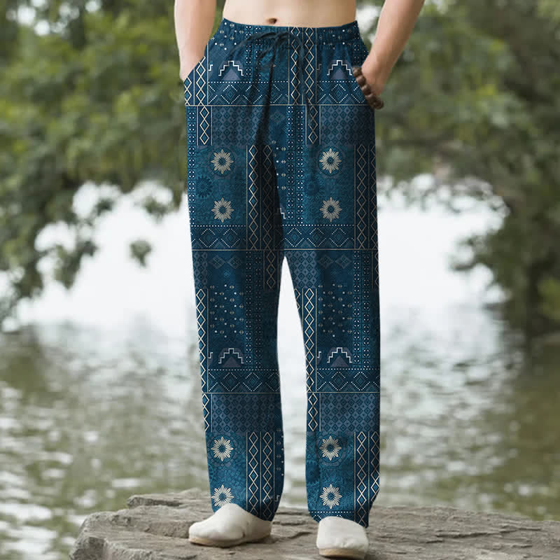 Buddha Stones Cotton Bohemian Floral Geometric Pattern Men's Tapered Pants With Pockets - Teal - US/UK/AU50，EU60 (5XL) - image 4