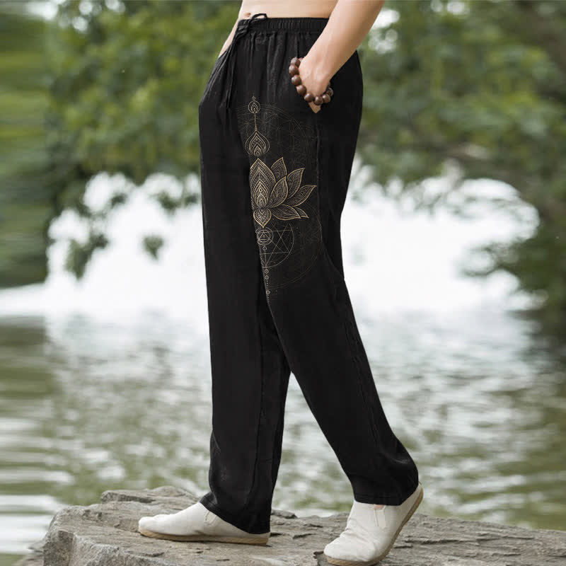 Buddha Stones Cotton Lotus Mandala Pattern Men's Tapered Pants With Pockets - image 1