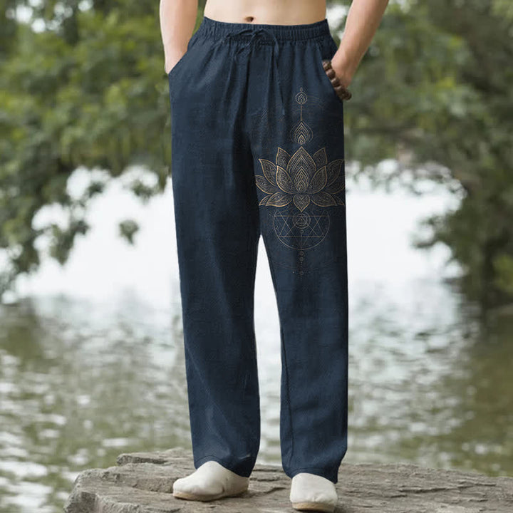 Buddha Stones Cotton Lotus Mandala Pattern Men's Tapered Pants With Pockets - Navy - US/UK/AU50，EU60 (5XL) - image 4