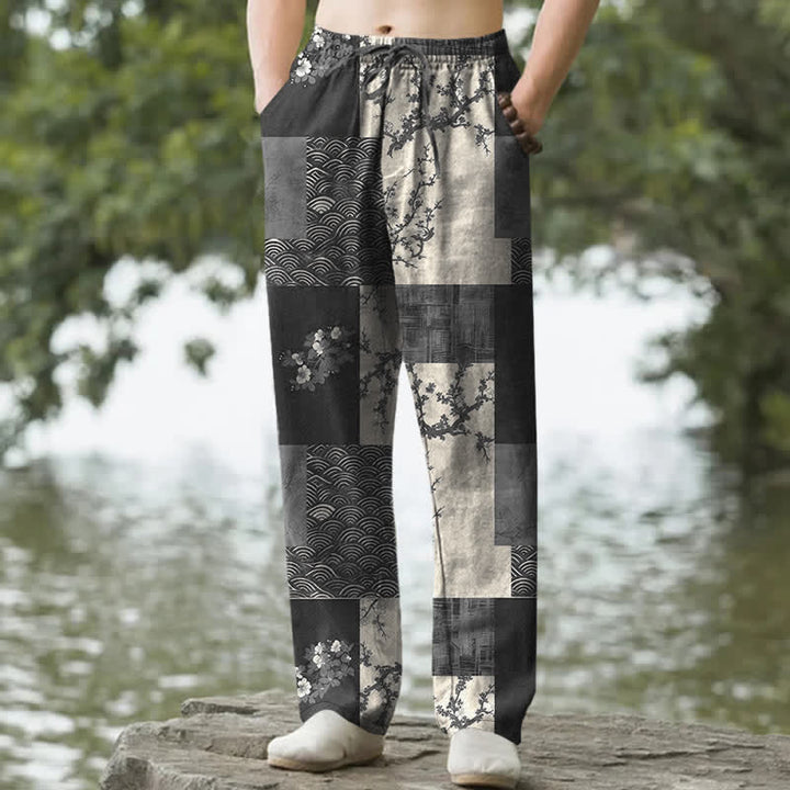 Buddha Stones Cotton Patchwork Wave Floral Pattern Men's Tapered Pants With Pockets - Black - US/UK/AU50，EU60 (5XL) - image 4