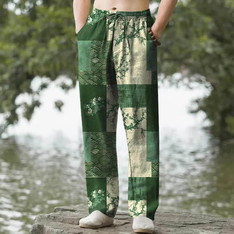 Buddha Stones Cotton Patchwork Wave Floral Pattern Men's Tapered Pants With Pockets - ForestGreen - US/UK/AU50，EU60 (5XL) - image 6