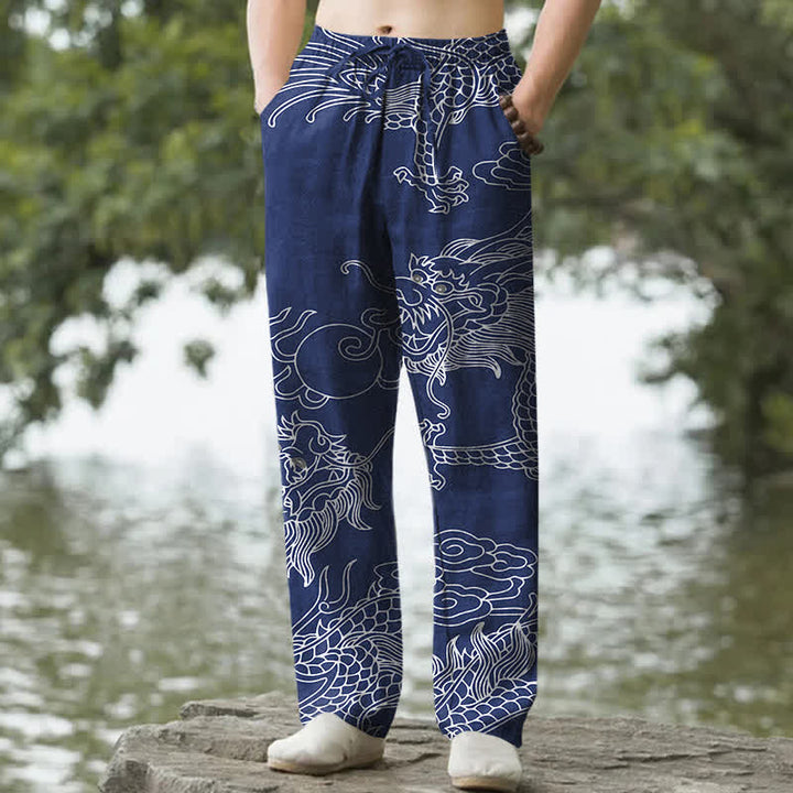 Buddha Stones Cotton Oriental Dragon Cloud Pattern Men's Tapered Pants With Pockets - Navy - US/UK/AU50，EU60 (5XL) - image 6