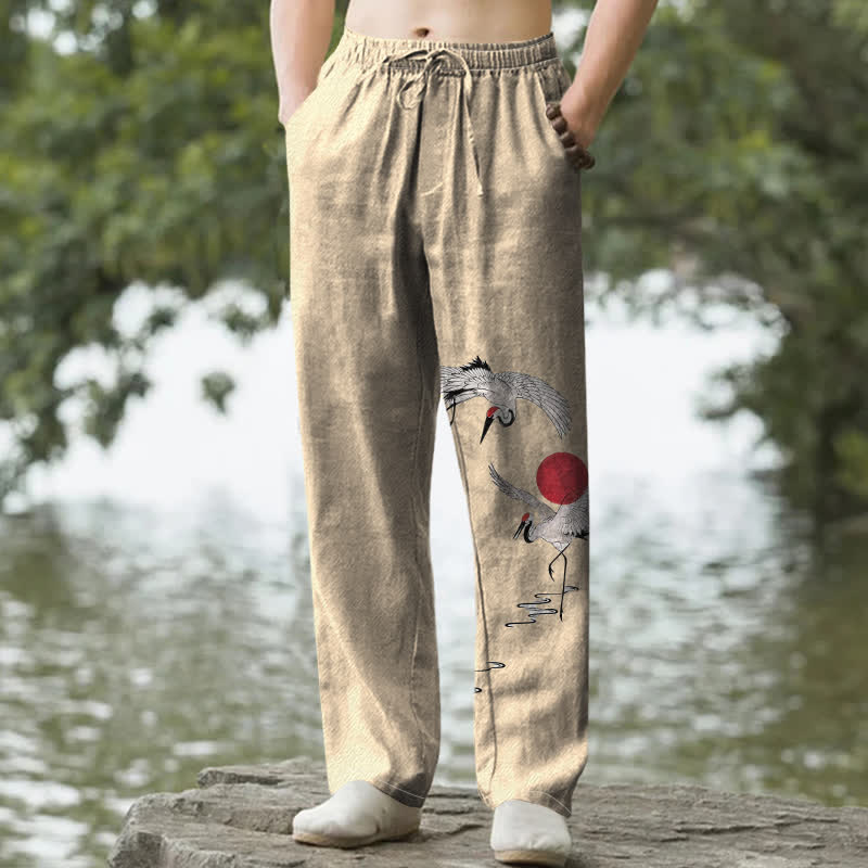 Buddha Stones Cotton Red Sun Crane Pattern Men's Tapered Pants With Pockets - Wheat - US/UK/AU50，EU60 (5XL) - image 4