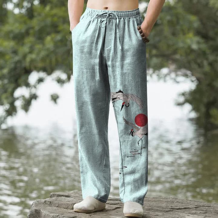 Buddha Stones Cotton Red Sun Crane Pattern Men's Tapered Pants With Pockets - PaleTurquoise - US/UK/AU50，EU60 (5XL) - image 6